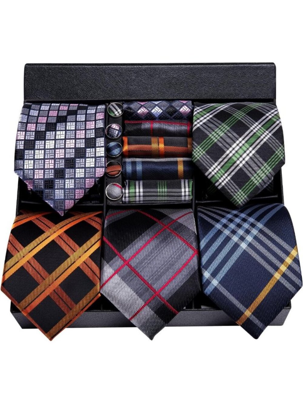 Men's Silk Tie Set with Pocket Square & Cufflinks - 5 Pcs Gift Box Collection